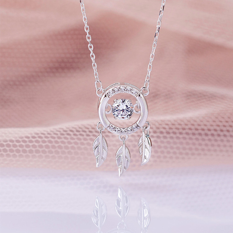 Leaf clavicle chain INS personalized forest style small fresh inlaid zircon dynamic tassel catching dream net necklace foreign trade source-3
