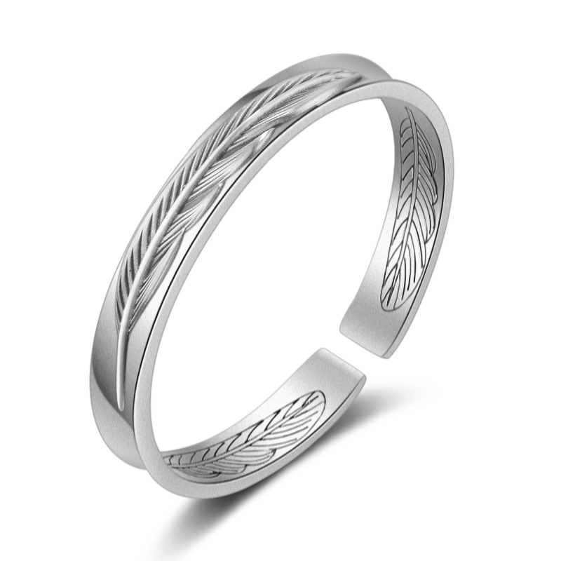 Temperament Feather Bracelet INS Women\'s Ethnic Style Personalized Forest Series Silver Plated Solid Feather Letter Handicraft Wholesale-1