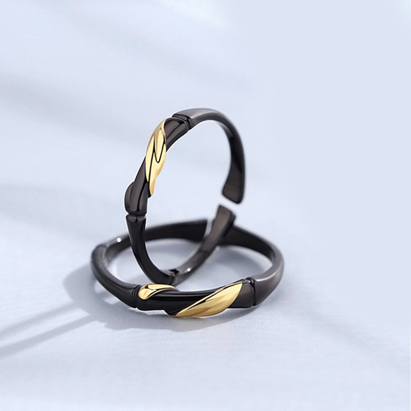 Childhood sweetheart couple ring, forest style personalized design, creative love token, black ink bamboo and gold leaf matching ring-3