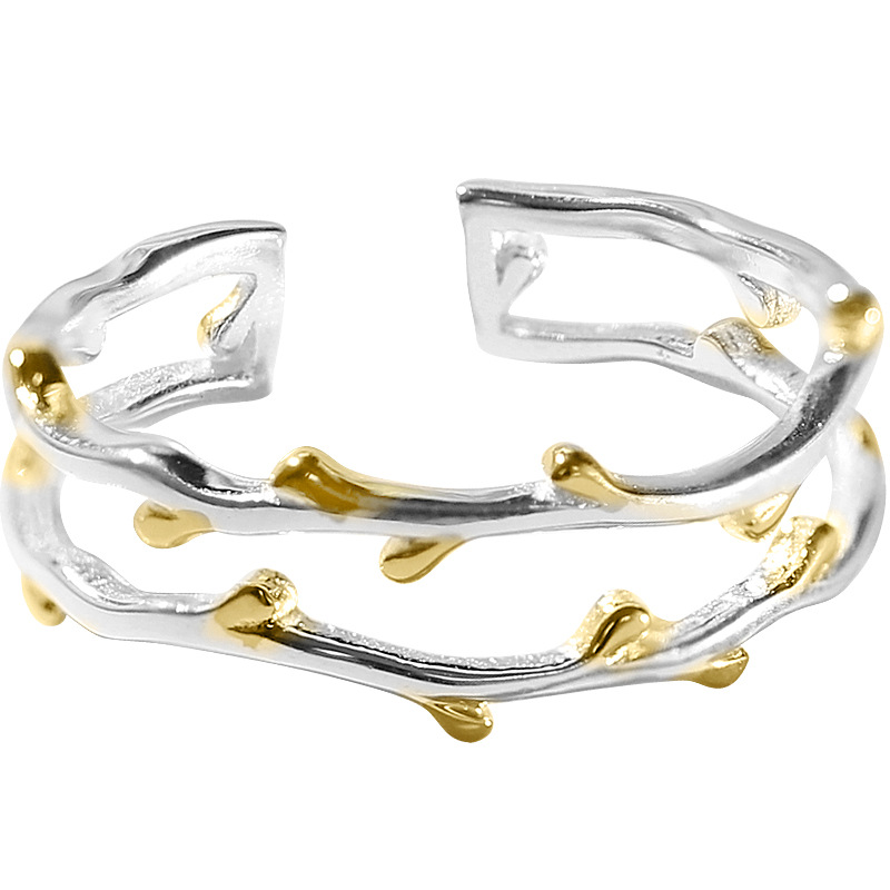 Forest style flower branch ring, Korean version, student best friend, artistic temperament, cute branch, golden leaf ring wholesale-1