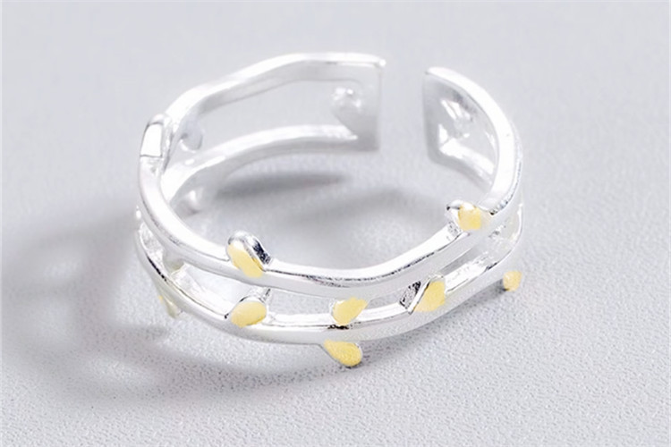 Forest style flower branch ring, Korean version, student best friend, artistic temperament, cute branch, golden leaf ring wholesale-3