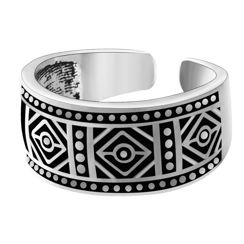 Men\'s retro old nine door ring, internet celebrity style, personality, trendy style, silver plated geometric food ring, foreign trade source-4