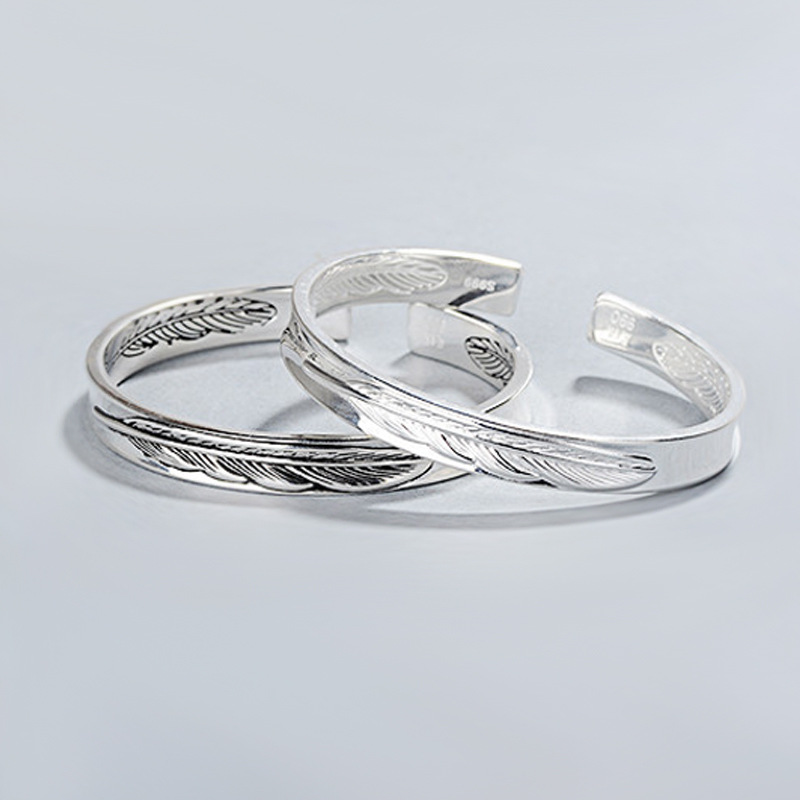 Temperament Feather Bracelet INS Women\'s Ethnic Style Personalized Forest Series Silver Plated Solid Feather Letter Handicraft Wholesale-2