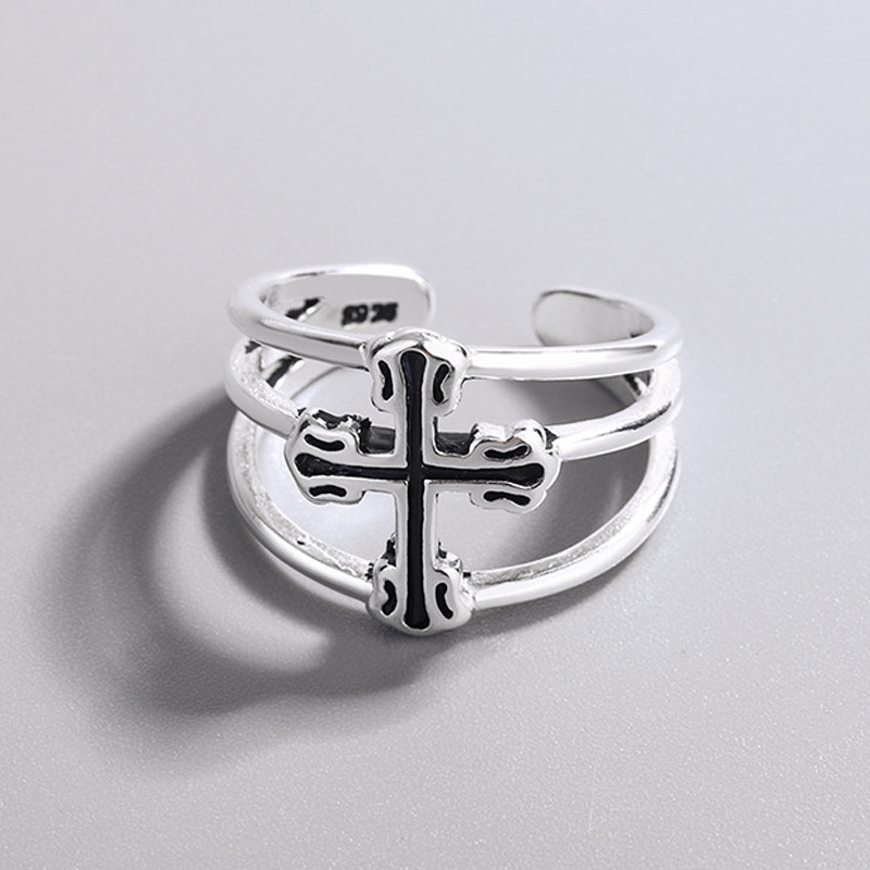 Creative Cross Ring INS with Vintage Style and Worn Out Silver Plated Cross Opening Adjustable Ring Factory Supply-1 Creative Cross Ring INS with Vintage Style and Worn Out Silver Plated Cross Opening Adjustable Ring Factory Supply-1