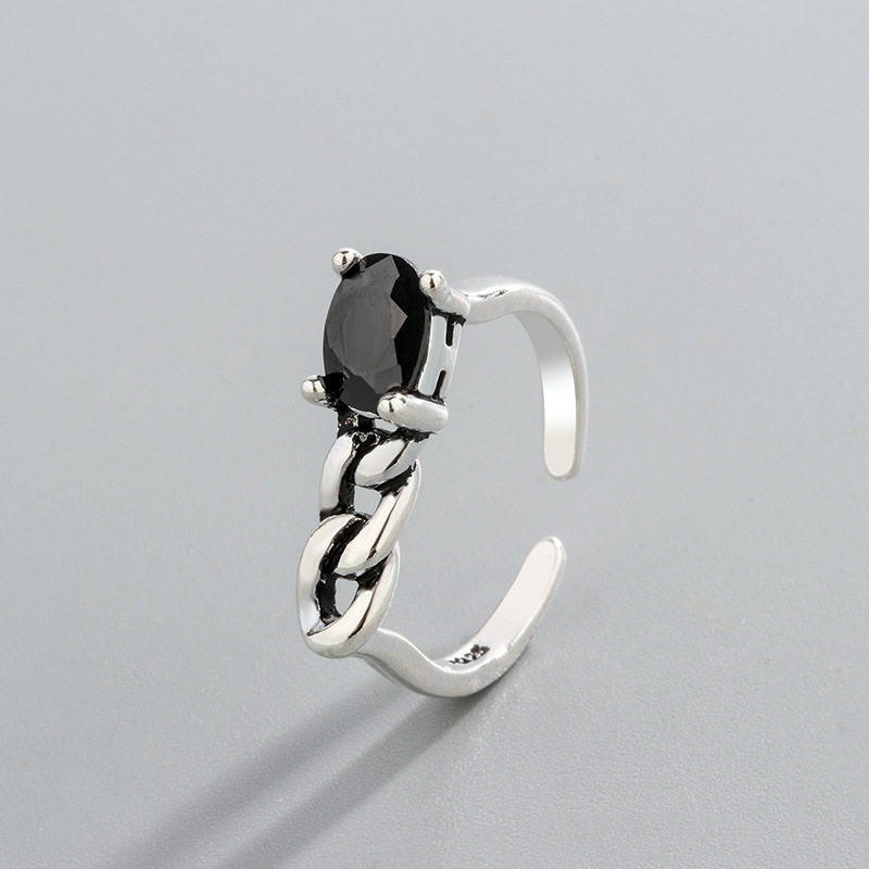 Set with zircon chain ring, internet celebrity with personalized temperament, silver plated with vintage and cool style, irregular chain opening ring-2