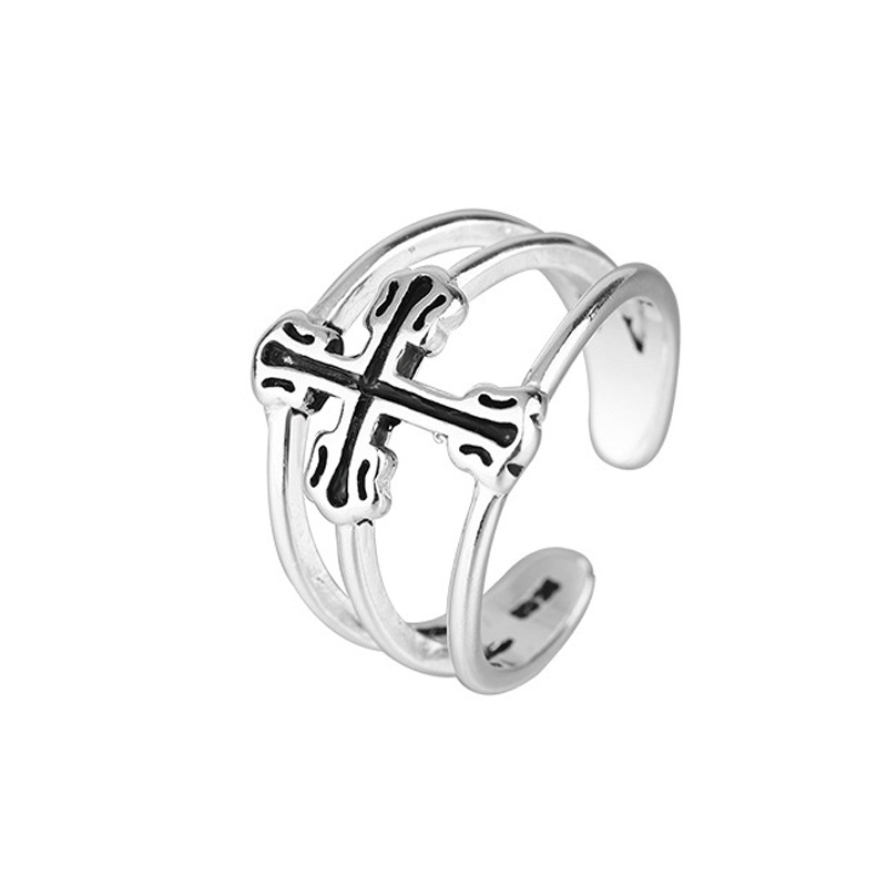 Creative Cross Ring INS with Vintage Style and Worn Out Silver Plated Cross Opening Adjustable Ring Factory Supply-1 Creative Cross Ring INS with Vintage Style and Worn Out Silver Plated Cross Opening Adjustable Ring Factory Supply-1