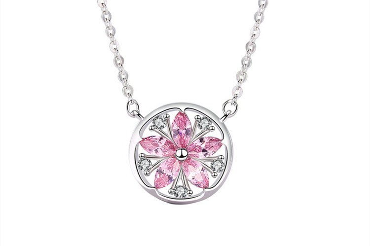 Pink Flower Necklace Korean Style Creative Forest Set Zircon Flower Collar Chain Qixi Festival Gift Source-1