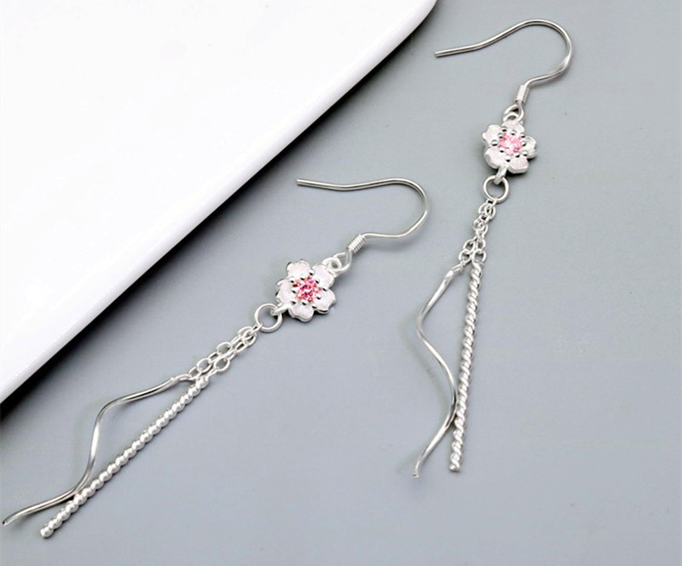 Long and Sweet Flower Ear Hooks Korean Edition Forest Style Personalized and Fashionable Style Set with Zircon Tassels Pink Flower Earrings-1