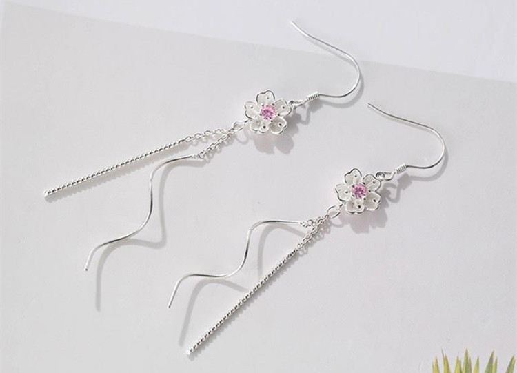 Long and Sweet Flower Ear Hooks Korean Edition Forest Style Personalized and Fashionable Style Set with Zircon Tassels Pink Flower Earrings-1