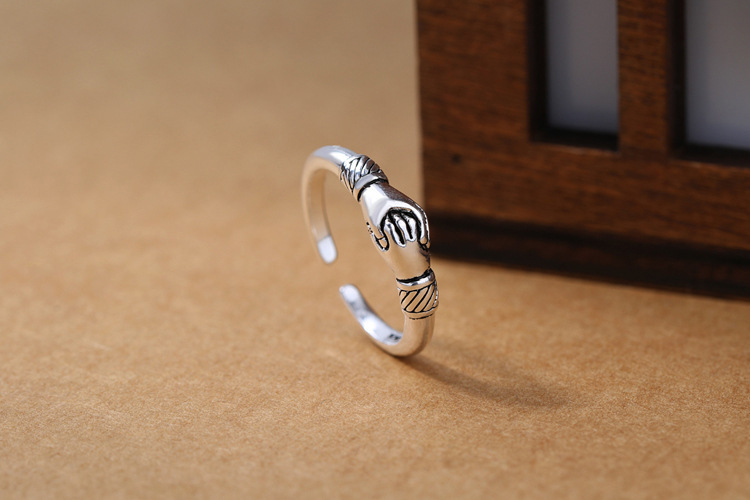 Hand in Hand, Couple, Ring, Small, Creative, Silver Plated, Retro, Vintage, Personalized, Eternal Hand in Hand Ring-3