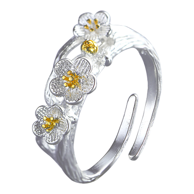 Flower ring, ladies\' personality, temperament, ethnic style, forest silver plated, fresh branch flower ring, e-commerce source-1 Flower ring, ladies\' personality, temperament, ethnic style, forest silver plated, fresh branch flower ring, e-commerce source-1