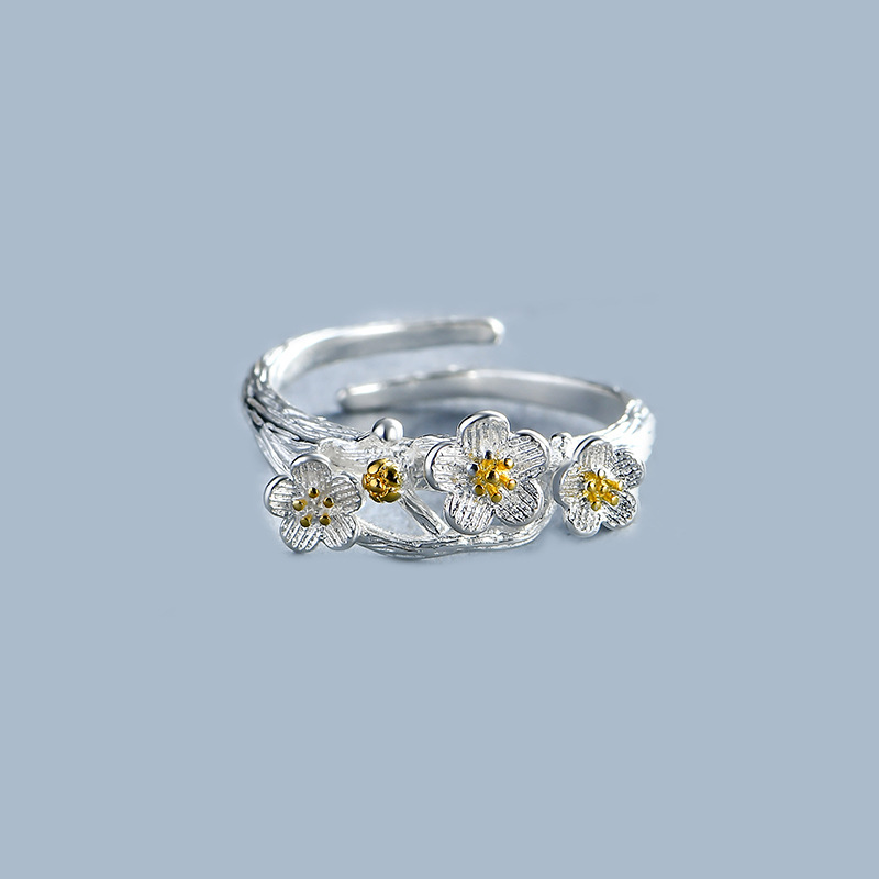 Flower ring, ladies\' personality, temperament, ethnic style, forest silver plated, fresh branch flower ring, e-commerce source-1 Flower ring, ladies\' personality, temperament, ethnic style, forest silver plated, fresh branch flower ring, e-commerce source-1