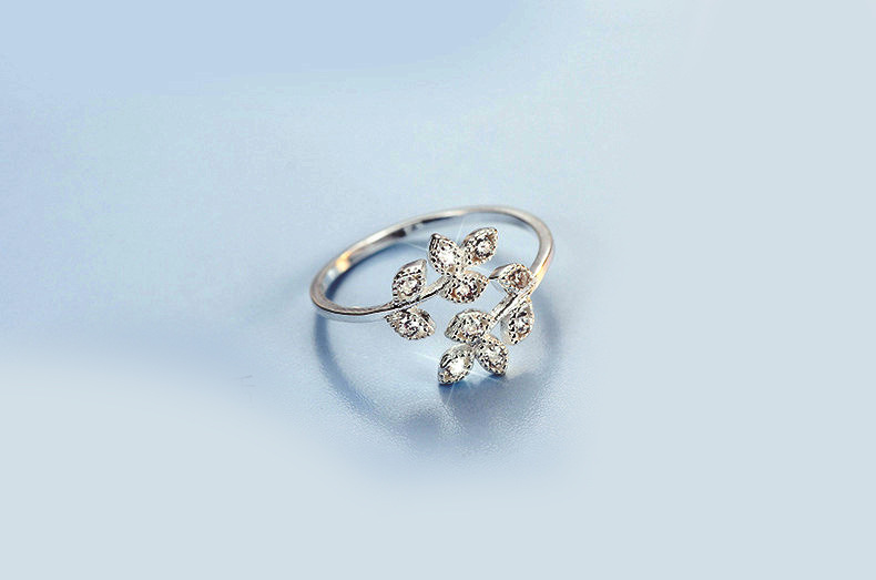 Set with Zircon Leaf Opening Ring, Fashionable INS Personalized Korean Edition Forest Style Fresh Art Olive Branch Ring-3