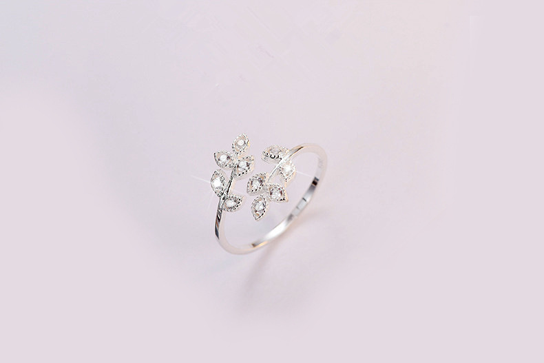 Set with Zircon Leaf Opening Ring, Fashionable INS Personalized Korean Edition Forest Style Fresh Art Olive Branch Ring-1