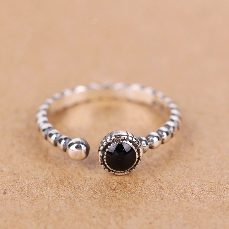 Black agate ring with Japanese and Korean style design, silver plated retro multi-layer winding ring, personalized opening, versatile accessory-1