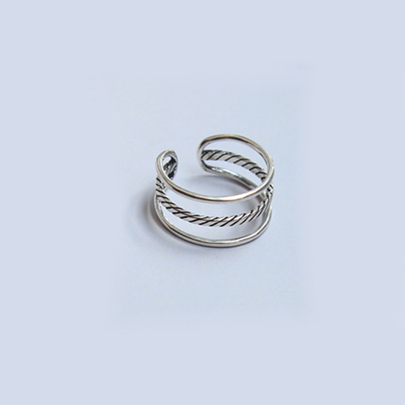 Fried Dough Twists Three Thread Ring ins Individuality Trampody Net Red Cool Wind Vintage Old Silver Plated Open Ring Wholesale-3