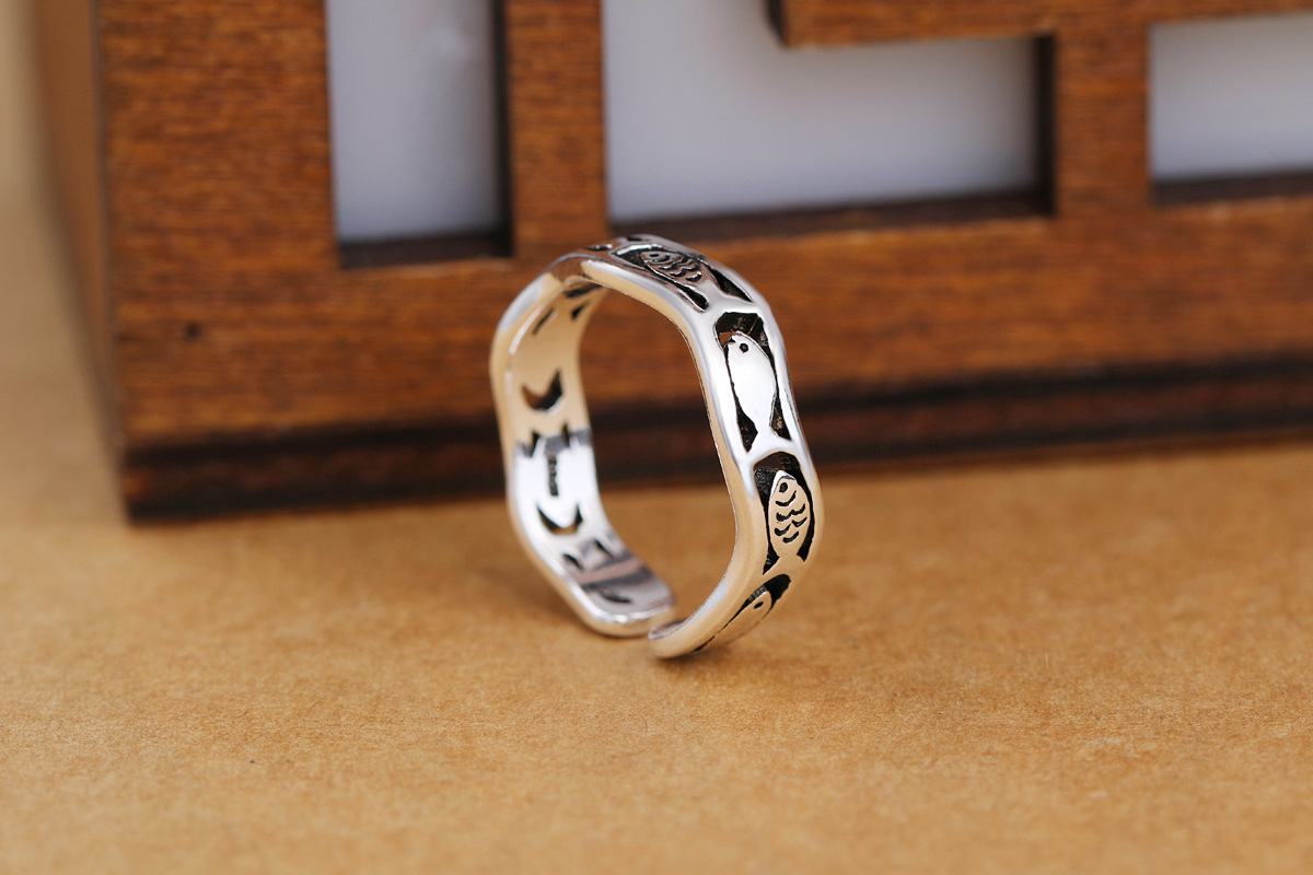 Hollow out small fish fine ring personalized silver plated retro distressed open wave small fish ring jewelry e-commerce source-1