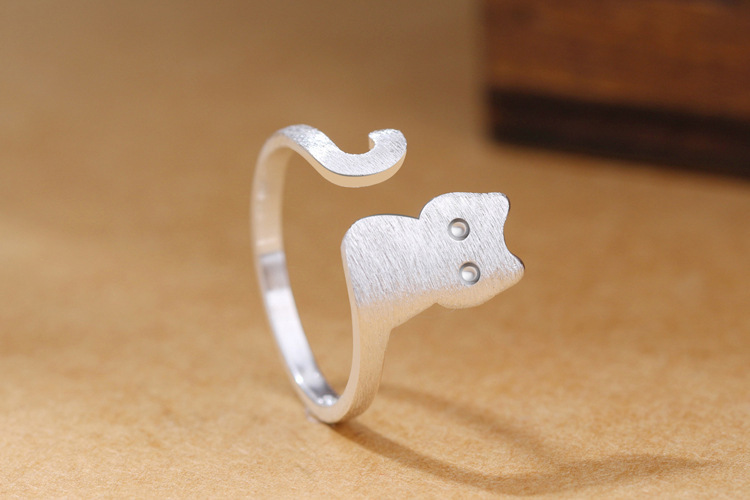 Simple, sweet, cute little animal ring, Forest series Instagram student personalized silver plated brushed cat opening ring wholesale-1