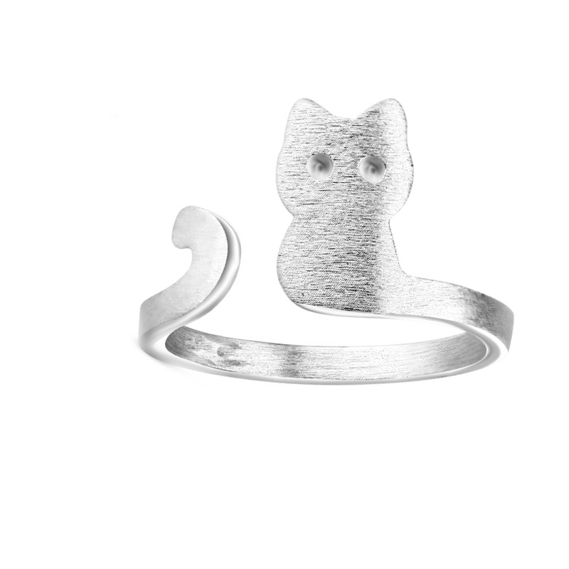 Simple, sweet, cute little animal ring, Forest series Instagram student personalized silver plated brushed cat opening ring wholesale-1