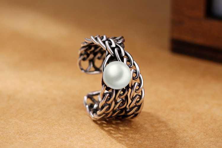 Weaving mesh ring INS Forest series cool style creative retro vintage antique silver plated pearl inlaid food ring foreign trade source-1 Weaving mesh ring INS Forest series cool style creative retro vintage antique silver plated pearl inlaid food ring foreign trade source-1