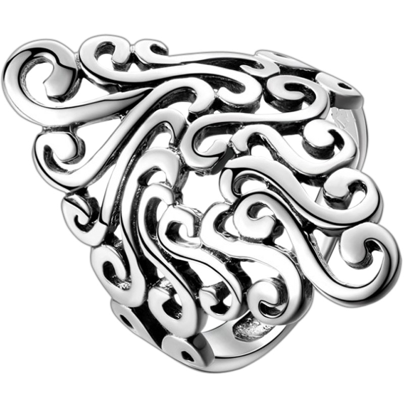Pattern ring INS personalized silver plated retro vintage vintage vintage style domineering wide face auspicious cloud pattern hollow hook flower ring wholesale-1