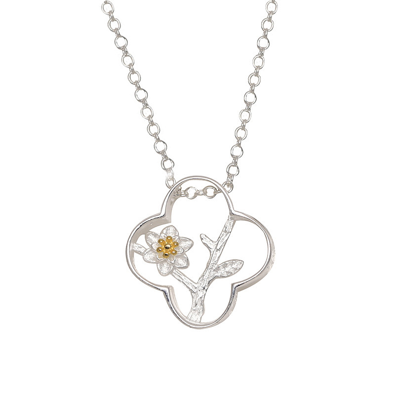 Plum blossom hollowed out necklace with Japanese and Korean personality, versatile, forest style, ladies\' temperament, silver plated floral collarbone chain, foreign trade source-2