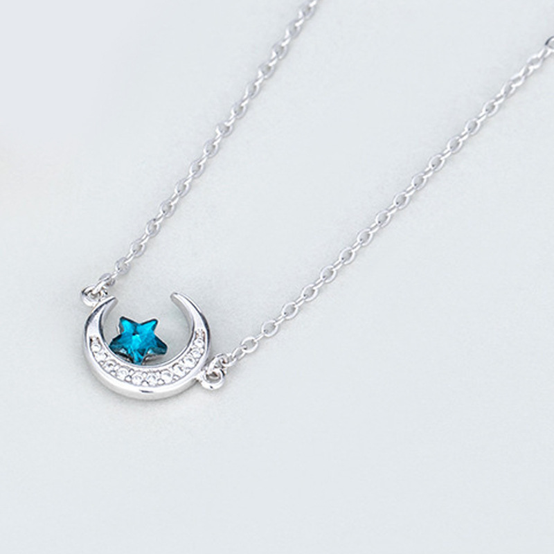 Blue Star Moon Necklace Fashion Korean Short Style Girl Student Temperament Pentagram Moon Pendant Neck Chain-2