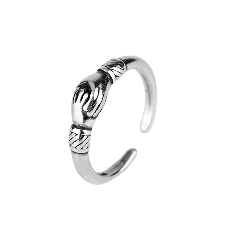 Hand in Hand, Couple, Ring, Small, Creative, Silver Plated, Retro, Vintage, Personalized, Eternal Hand in Hand Ring-1