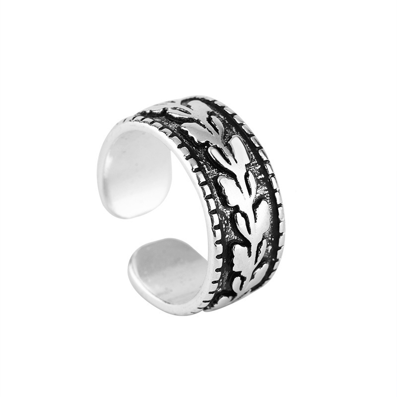 Old Leaf Ring INS Japanese and Korean Internet Celebrity Retro Versatile Forest Relief Olive Leaf Open Mouth Food Ring Source-2