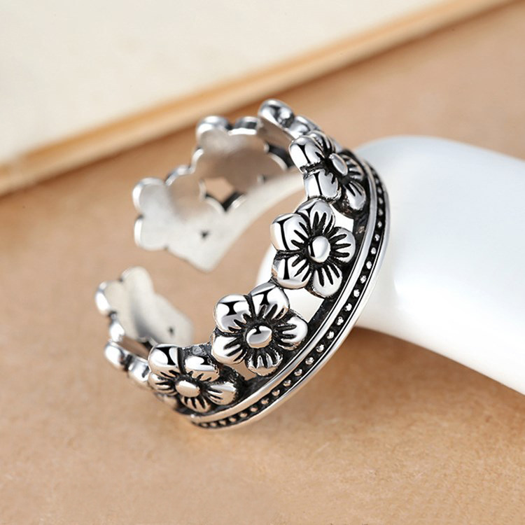 Vintage Crown Open Ring ins Japanese Korean Forest Small Fresh Silver Plated Charm Flower Food Ring Foreign Trade Source-2