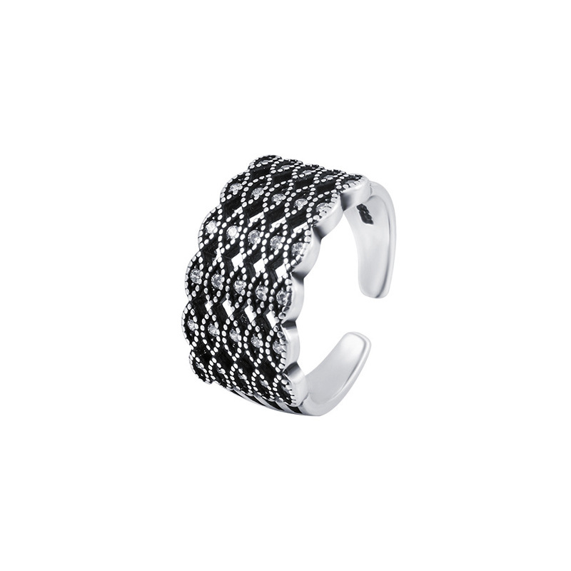 Diamond studded mesh ring, European and American Ins style silver plating, cold style antique diamond mesh ring, foreign trade source wholesale-1