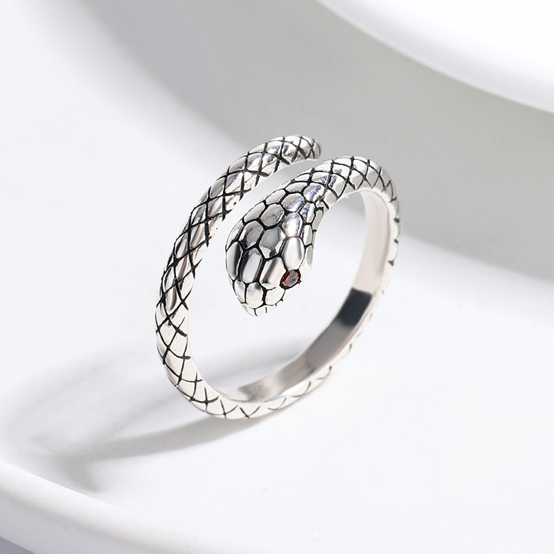 European and American snake shaped ring, personalized silver plated antique zircon cobra ring, men\'s and women\'s open mouth ring, e-commerce source-1