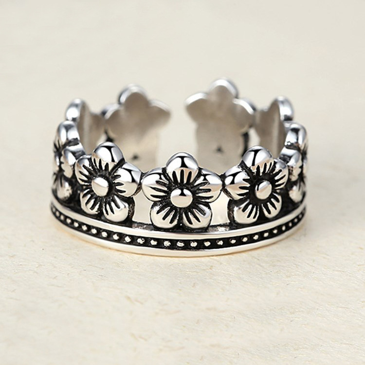 Vintage Crown Open Ring ins Japanese Korean Forest Small Fresh Silver Plated Charm Flower Food Ring Foreign Trade Source-1