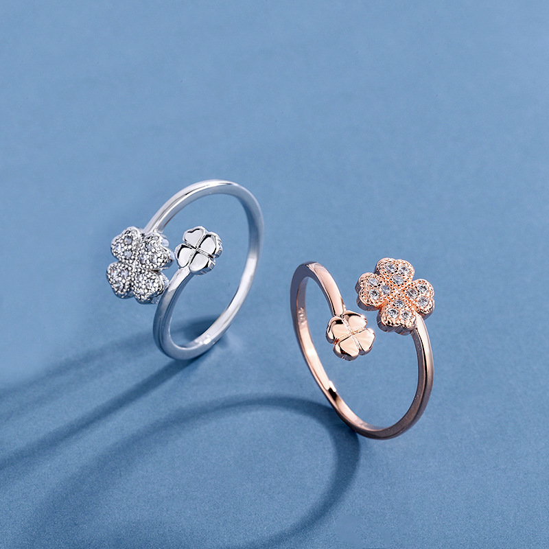 Zircon inlaid petal ring, Korean version, personalized temperament, design sense, lucky grass opening ring, temu foreign trade source-1
