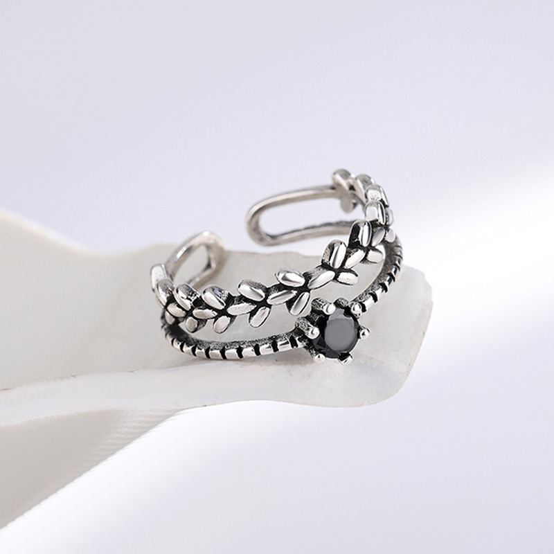 Black Zircon Leaf Ring, Silver Plated Old, Indifferent, Wind Bouncing, Di Leaf Ring, Foreign Trade Source-1