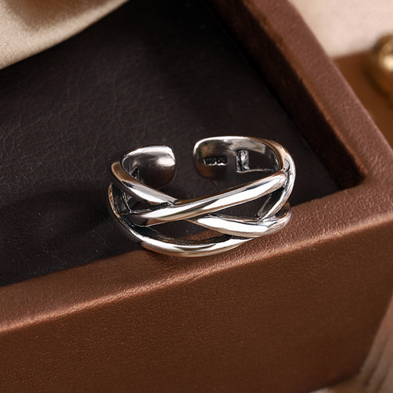 Cross woven ring, Korean INS silver plated vintage personalized forest style creative lines interwoven tail ring, foreign trade source-2