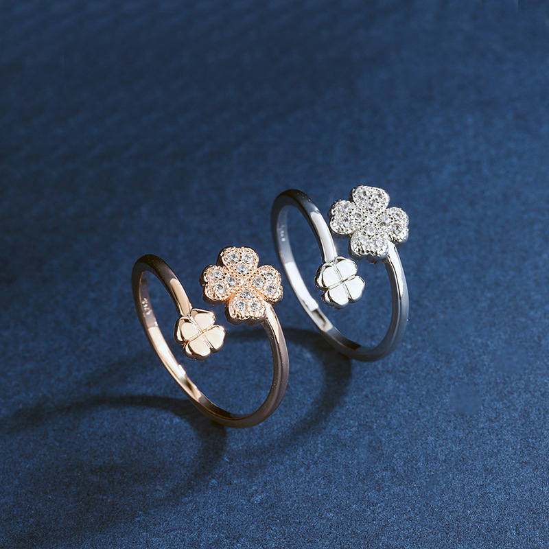 Zircon inlaid petal ring, Korean version, personalized temperament, design sense, lucky grass opening ring, temu foreign trade source-1