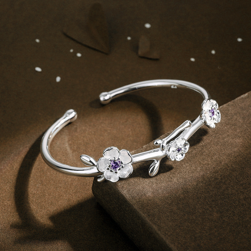 Purple zircon flower inlaid bracelet for women\'s temperament, versatile ethnic style, 925 silver plated flower opening bracelet wholesale-1 Purple zircon flower inlaid bracelet for women\'s temperament, versatile ethnic style, 925 silver plated flower opening bracelet wholesale-1
