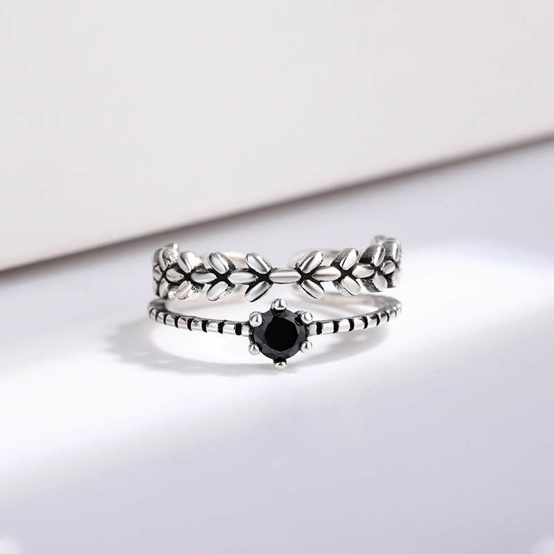 Black Zircon Leaf Ring, Silver Plated Old, Indifferent, Wind Bouncing, Di Leaf Ring, Foreign Trade Source-1